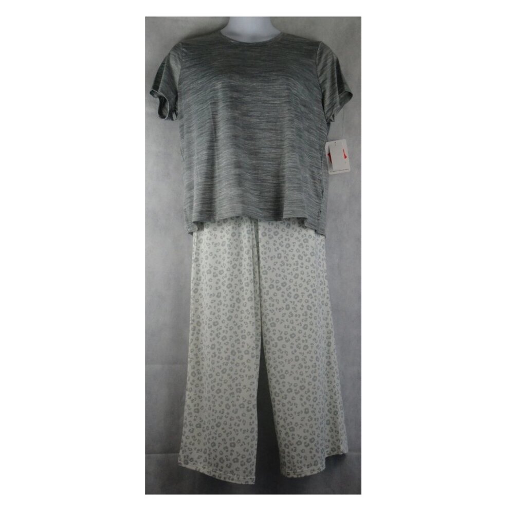 Hanes Women's 2-Piece Short Sleeve Wide-Leg Pajama Set, Gray Leopard, Large